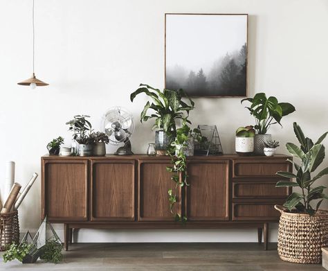 Hall Sideboard Ideas, Plant Sideboard, Kitchen Sideboard Ideas, Styling A Sideboard, Dark Sideboard, Sideboard Wall, Brown Sideboard, Buffet Styling, Sideboard Ideas