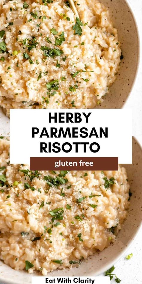 This gluten free parmesan risotto is easy to make, dairy free friendly and loaded with fresh herbs. This risotto is perfect for a side dish for dinner! Dairy Free Risotto, Gf Lunch, Gut Recipes, Gf Snacks, Quick Vegetarian Dinner, Lemon Chicken Pasta, Parmesan Risotto, Dairy Free Pasta, Gluten Free Recipes For Dinner