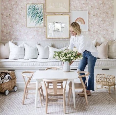 @puresaltinteriors Coastal Ruggable, Playroom Off Kitchen, Girls Farmhouse Bedroom Ideas, Studio Mcgee Playroom, Girls Farmhouse Bedroom, Farmhouse Girls Bedroom, Todler Room, Salt Interiors, Playroom Inspiration