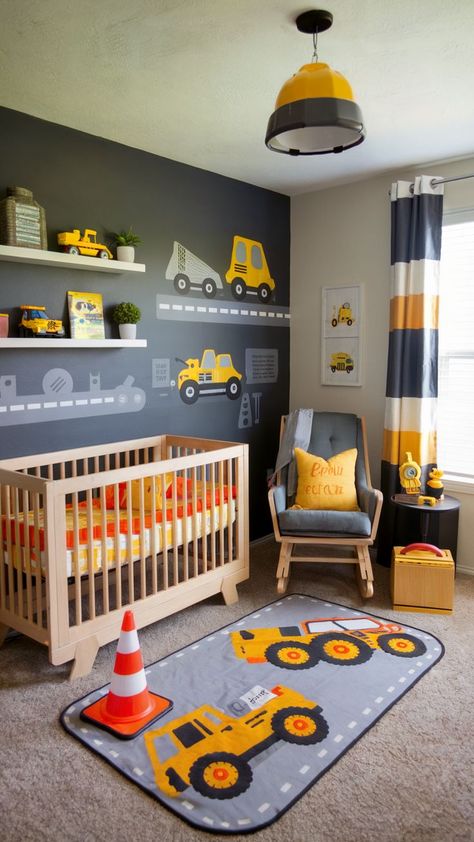 Construction-themed baby boy nursery with truck decor, a traffic cone rug, and bold yellow accents. Nursery Themes For Boys, Construction Nursery Theme, Truck Nursery Theme, Nursery Ideas For Boys, Boys Construction Room, Baby Boy Nursery Ideas, Creative Nursery, Boy Nursery Ideas, Construction Nursery