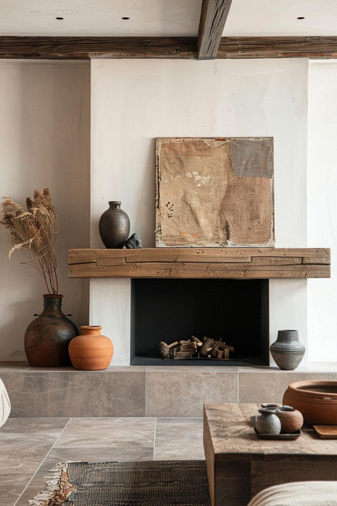 40 Modern Organic Decor Ideas for a Stylish and Sustainable Home Organic Modern Mantle Decor, Coastal Farmhouse Fireplace, Nature In Home, Modern Natural Decor, Modern Organic Decor, Mountain Interior Design, Distressed Wood Dining Table, Organic Home Decor, Mountain Interiors