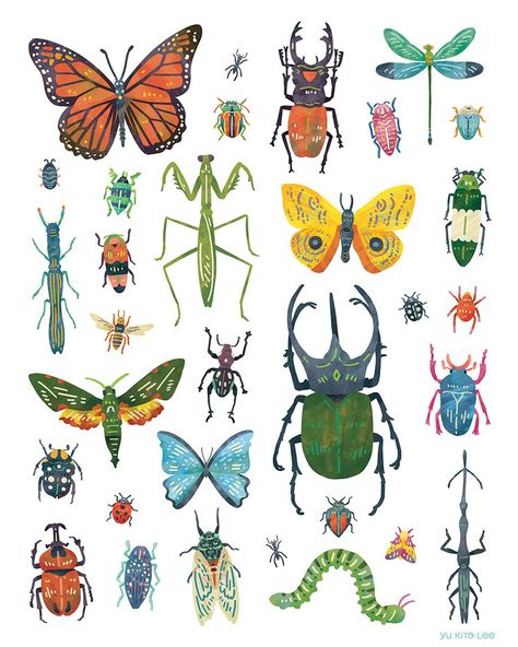 Nature — Studio Yuey: Illustration by Yu Kito Lee Cute Bugs Illustration, Bugs Painting, Bug Patterns, Bugs Illustration, Insects Illustration, Bug Painting, Bug Illustration, Entomology Illustration, Bugs Drawing