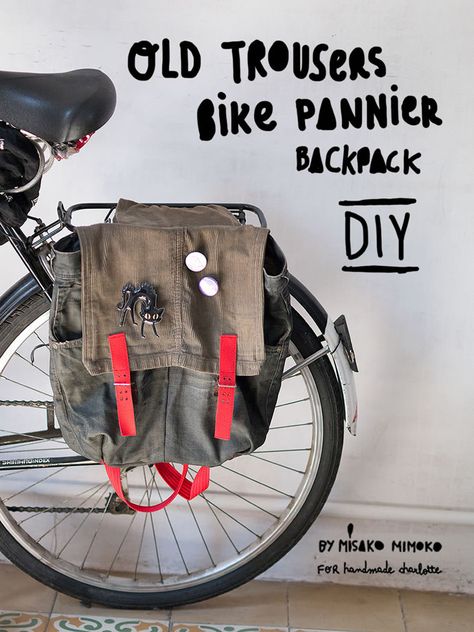 Upcycle an old pair of jeans into a bike pannier! Bike Accessories Diy, Diy Rucksack, Backpack Handmade, Cb 450, Bicycle Diy, Bicycle Panniers, Biking Diy, Bike Panniers, Handmade Charlotte