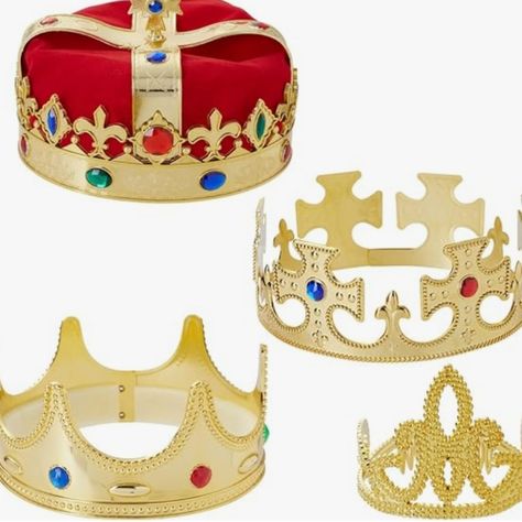 New. Still In Package 4 Crown Set. Purchased For A Play But Costuming Was Provided ...So These Went Unused. Gold King Crown, King Crowns, Queen Crowns, Gold Crowns, King And Queen Crowns, King's Crown, Royal Theme, Fabric Crown, Queens Jewels