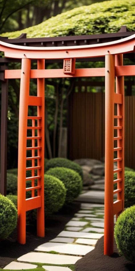 Garden Trellis Gate, Japanese Garden Gate, Japanese Gates Entrance, Garden Arbor Ideas, Japanese Trellis, Cottage Style Doors, Japanese Garden Backyard, Arbor Ideas, Rustic Arbor