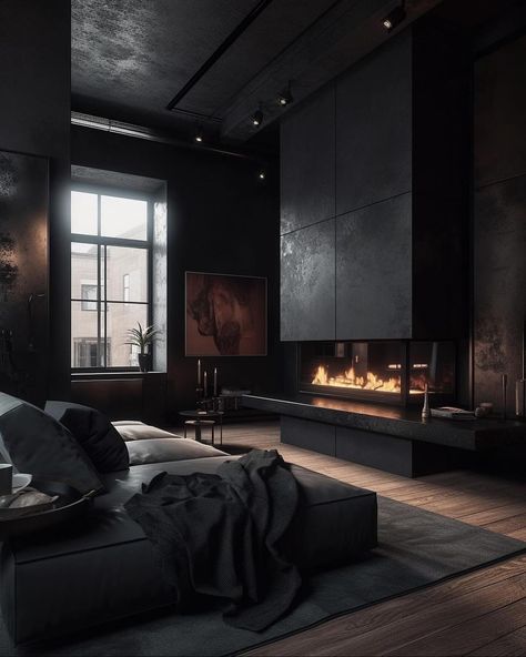 Dark Modern Design, All Black Home Interior, Dark Home Esthetics, Dark Cozy Interior Design, Dark Home Interior Design, Dark Minimalist Home, All Black Home, All Black Interior Design, Black Minimalist Aesthetic