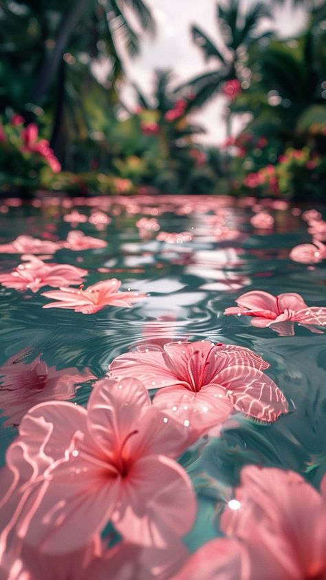 Fancy Iphone Wallpaper, Plumeria Wallpaper Iphone, Habisquis Flower Wallpaper, Pink Leaves Aesthetic, Tropical Wallpaper Iphone Paradise, Pink Nature Background, Summertime Backgrounds, Water Flower Wallpaper, Pink Flowers In Water