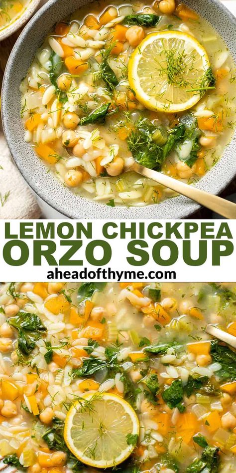 This Lemon Chickpea Orzo Soup is a cozy and hearty vegan soup loaded with veggies, chickpeas, and orzo pasta with the bright flavor of fresh lemon juice. This quick and easy soup is made with simple ingredients in under 30 minutes. The perfect weeknight lunch or dinner this fall! It comes together so quickly, yet is filling enough to eat on its own as a simple vegetarian meal. It's great for meal prepping, too. | aheadofthyme.com #chickpeasoup #orzosoup via @aheadofthyme Lemon Orzo Chickpea Soup, Lemon Veggie Soup, Lemon Soup Vegan, Lemon Garlic Orzo Soup, Orzo Veggie Soup, Soups Made With Orzo, Lemon Orzo Soup Crockpot, Vegan Lemon Orzo Soup, Loaded Veggie Soup