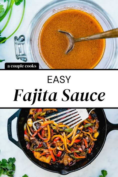 This flavor-packed fajita sauce recipe works for beans, chicken, steak or shrimp! It's quick to put together with a handful of ingredients. #fajita #fajitas #fajitasauce #recipe #fajitasaucerecipe Fajita Sauce Recipe, Beef Fajita Marinade, Fajita Sauce, Vegetarian Fajitas, Winter Salad Recipes, Salad Dressing Recipes Healthy, A Couple Cooks, Beef Fajitas, Vegan Recipes Plant Based