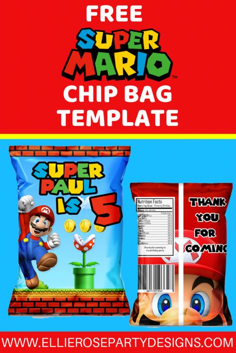 Mario Chip Bags, Super Mario Chip Bag, Super Mario Free Printables, Super Mario Free, Super Mario Party Favors, Super Mario Brothers Party, Goodie Bag Ideas, Mario Bros Birthday Party Ideas, Chips Bags