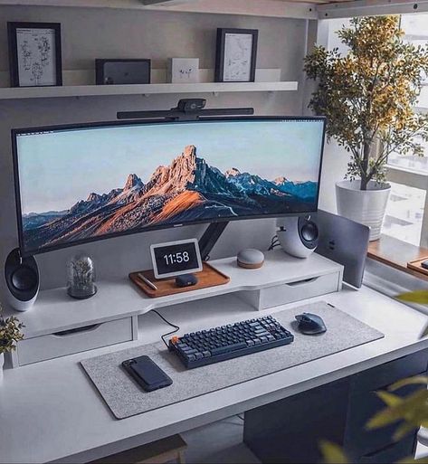 Cool Desks For Men, Gaming Desk Best Buy, Gaming Desk Charging, Modern Home Desk Setup, Cozy Desk Space Home Office, Desk For Working At Home, Dual Monitor Desk Workspaces Modern, Home Office Desk Pad, Dual Monitor Desk Workspaces Office