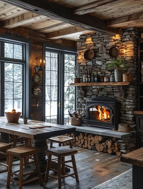 Wood Stove In Dining Room, Wood Burning Stove Living Room, Free Standing Wood Stove, Wood Burning Stoves Living Room, Wood Stove Cooking, Wood Stove Fireplace, Hearth Room, Stove Fireplace, Kitchen Plans