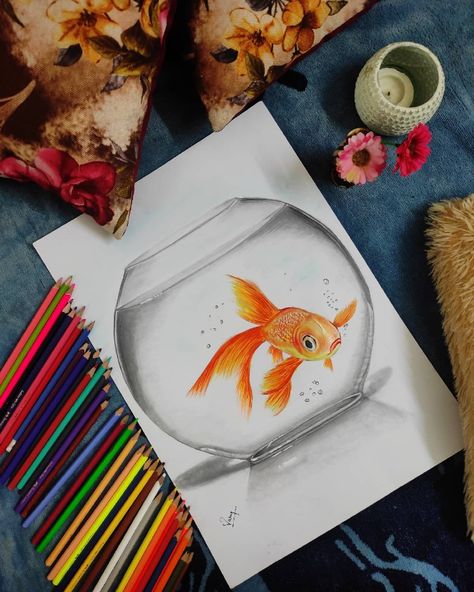 Hyper realistic coloured pencil colour drawing Pencil Colours Art Drawings, Fish In Bowl, Pencil Colour Drawing, Easy Scenery, Pencil Clipart, 3d Pencil Drawings, Ap Drawing, Sun Drawing, Colour Drawing