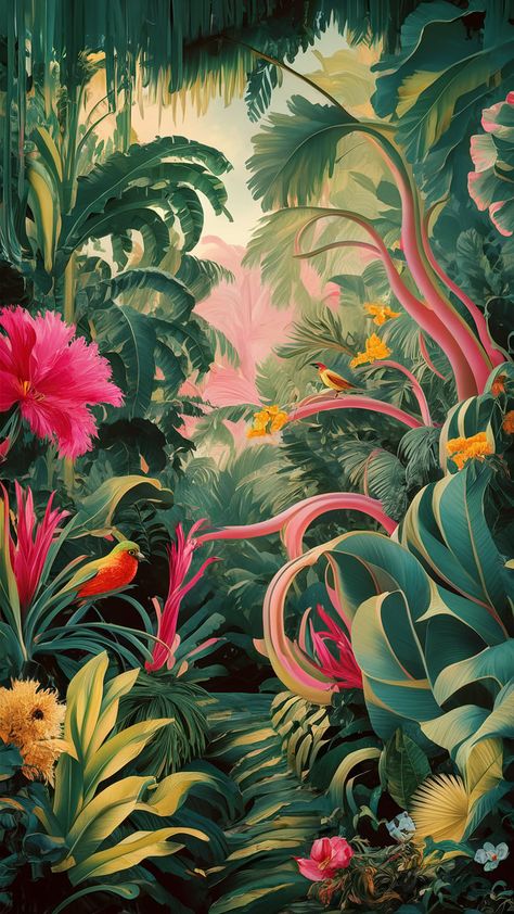 Immerse yourself in a lush tropical paradise with our vibrant wallpaper. Featuring oversized leaves and exotic flowers in bold Fauvist colors, this design embodies Art Nouveau's organic shapes and Pop Art's playful spirit. Dappled light filters through, capturing Impressionism's essence. Transform your space with this serene and lively landscape, perfect for enhancing any room decor. #TropicalWallpaper #HomeDecor #Fauvism Tropical Paradise Wallpaper, Exotic Wallpaper, Vibrant Wallpaper, Paradise Wallpaper, Tropical Art Deco, Wallpaper Landscape, Forest Plants, Light Filters, Dappled Light