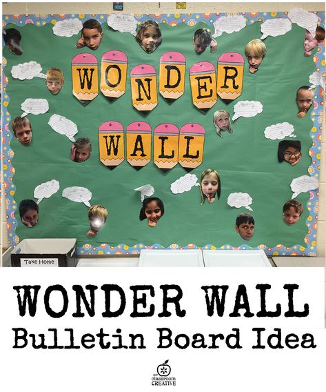 Bulletin Board Idea {Wonder Wall} Wonder Bulletin Board, Ib Bulletin Boards, Ib Pyp Classroom, Family Bulletin Boards, School Bulletin Board Ideas, Walker Learning, Ib Classroom, Kindergarten Inquiry, Wonder Wall