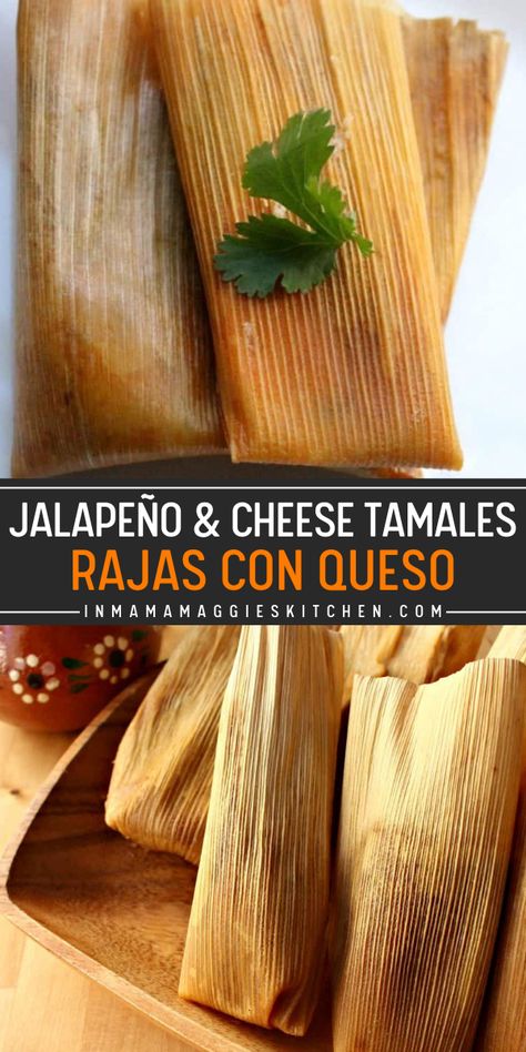 You’ll love the flavors of Jalapeño and Cheese Tamales for your Christmas dinner idea! This Mexican meal to make features Rajas con Queso with corn husks, prepared masa, shredded Oaxaca cheese, and pickled Jalapeño. Enjoy! Prepared Masa For Tamales, Bean And Cheese Tamales Recipe, Cheese And Jalapeno Tamales, Green Chile Cheese Tamales, Tamales Authentic Mexican Masa, Jalapeno Cheese Tamales Recipe, Vegetarian Tamales Recipe, Tamales De Queso Y Raja, Tamale Ideas