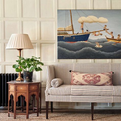 o-Hover-Over-Image-for-Olive-Sacking-(Indigo) Guy Goodfellow, Striped Sofa, Antique Sofa, Upholstered Sofa, Drawing Room, Fine Fabric, Sitting Room, Home Inspo, Interior Inspiration