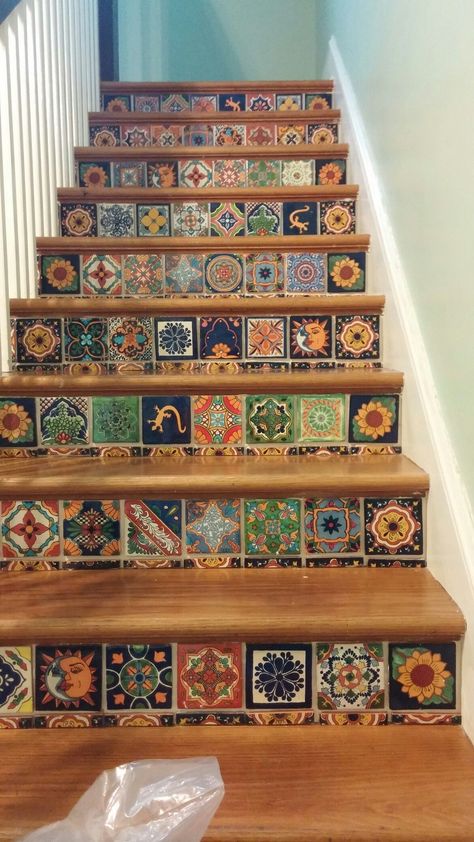 Modern Mexican Living Room, Mexican Living Room, Living Room Styling, Tiled Staircase, Colorful Tiles, Tile Steps, Mexican Tiles, Room Styling, Tile Stairs