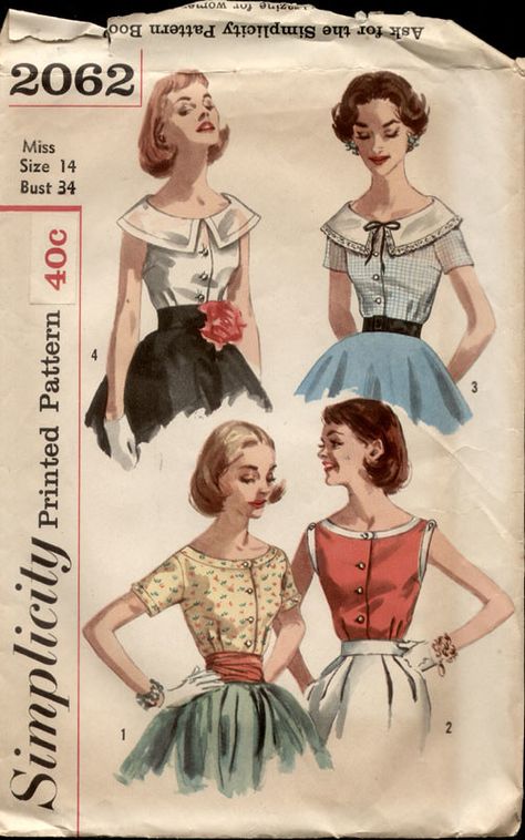 Scoop Neckline Blouse, Vintage Blouse Pattern, 1950s Blouse, Vintage Clothes Patterns, 1950s Patterns, 1950s Sewing Patterns, Dresses Patterns, Fifties Fashion, Design Moda