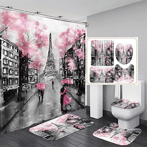 Amazon.com: 4Pcs Paris Eiffel Tower Pink Shower Curtain Sets Bathroom Set Decor with Non-Slip Rugs Bath U-Shaped Mat Toilet Lid Cover Waterproof Valentine Bathroom Curtains Shower Set with 12 Hooks, 70.8×70.8 : Home & Kitchen Parisian Bathroom Decor, Romantic Bathroom Decor, Romantic Bathrooms, Pink Shower Curtain, Pink Shower Curtains, Pink Showers, Shower Curtain Sizes, Bathroom Decor Luxury, Toilet Lid Cover