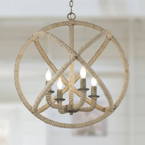 Longshore Tides Catharine 4 - Light Dimmable Globe Chandelier & Reviews | Wayfair Coastal Light Fixtures, Coastal Pendant, Coastal Pendant Lighting, Beach House Lighting, Rope Chandelier, Boho Lighting, Coastal Lighting, Coastal Dining, Beach House Interior Design