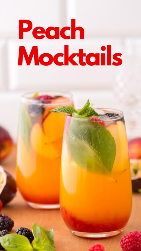 Peach Mocktails Easy Mocktails, Easy Mocktail Recipes, Mojito Mocktail, Peach Drinks, Iced Drinks Recipes, Peach Syrup, Peach Sangria, Peach Ice Tea, Mocktail Recipes