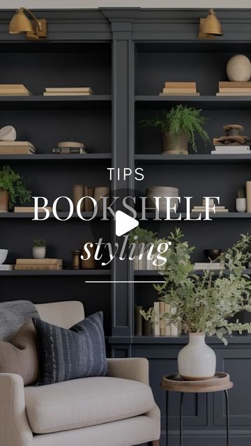 Melissa Welsh | Interior Designer on Instagram: "Bookshelves feeling a bit lackluster? Here are 3 helpful designer tips for styling your bookshelves like a pro.   SAVE this post for later!  Tip #1: Integrate decorative items with your book collection. Mix in small artwork, pictures, books, decorative objects, and plants to break up the visual monotony and add interest.  Tip #2: Vary the heights and shapes of items on your shelves. This creates a visually dynamic and well-curated look.  Tip #3: Strike a balance between filled and empty space on your shelves for a clean and sophisticated appearance. Allow some shelves to remain sparsely decorated to avoid overcrowding.  #BookshelfStyling #homedecoratingtips #interiordesign #interiordecorating #homedecor #stylingtips #homestyling #homesweetho How To Style A Shelf Display, Styling Book Shelves, Small Bookshelf Styling, Large Bookshelf Styling, Dark Bookshelves, Bookcase Decorating Ideas, Brown Bookcase, Shelves Decor, Bookcase Styling