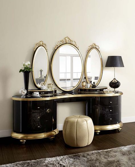 Black And Gold Vanity, Sofas Bedroom, Modern Dressing Table Designs, Vanity Table Vintage, Victorian Vanity, Gold Vanity, Contemporary Bedroom Design, Vanity Tables, Dressing Table Design