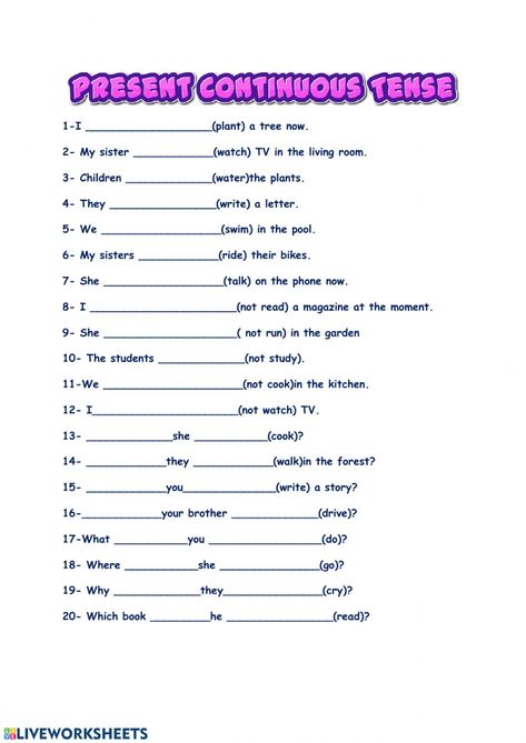 Present continuous online exercise for A1. You can do the exercises online or download the worksheet as pdf. Worksheet Of Present Continuous Tense, Present And Past Continuous Worksheets, Present Continuous Worksheet For Grade 2, Present Continues Worksheets, Present Continuous Worksheet For Kids, Present Continuous Tense Worksheets, Past Continuous Worksheets, Continuous Tense Worksheet, Past Continuous Tense