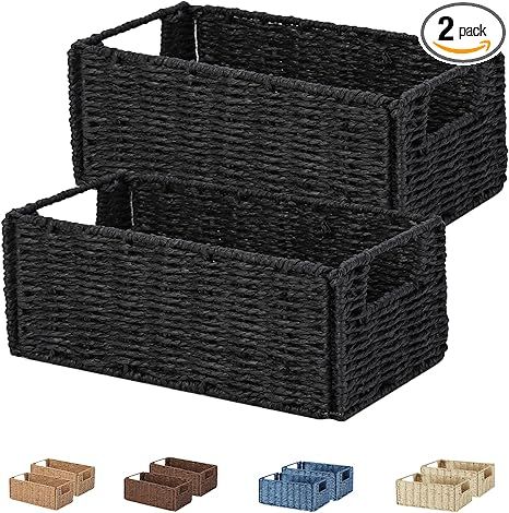 Amazon.com: Small Wicker Storage Baskets, Vagusicc Hand-Woven Paper Rope Storage Organizer Baskets Bins (Set of 2), Toilet Paper Small Wicker Baskets with Handles for Organizing Toilet Shelves Pantry, Black : Home & Kitchen Pantry Black, Small Storage Baskets, Shelves Pantry, Decorative Storage Bins, Toilet Shelves, Small Storage Basket, Brown Baskets, Wicker Storage, Cleaning Items