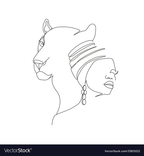 Lion Woman Drawing, Africa Line Art, Black Panther Line Art, African Woman Line Art, Leopard Line Drawing, Africa Tattoos For Women, African Woman Tattoo, African Art Tattoo, African Line Art