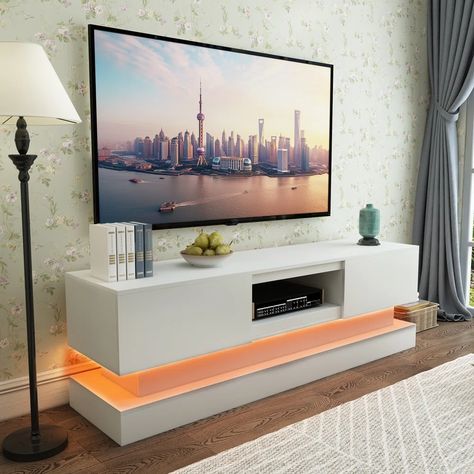 DANLONG Modern TV Stand for 50 55 inch TV with 16 Color LED Lights | Wayfair 55 Inch Tv Living Room, 55 Inch Tv, Led Lights White, Color Led Lights, Tv Size, Tv Stands And Entertainment Centers, Modern Tv Stand, Entertainment Centers, Modern Tv