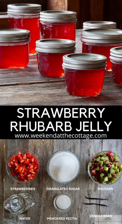 jars of beautiful ruby red strawberry rhubarb jelly ingredients: chopped strawberries, rhubarb, sugar, pectin, vanilla Strawberry Rhubarb Jelly, Canning Rhubarb, Pbj Sandwich, Rhubarb Jelly, Dessert Thermomix, Sweet Sauces, Jam Recipes Homemade, Homemade Jelly, Jelly Recipe