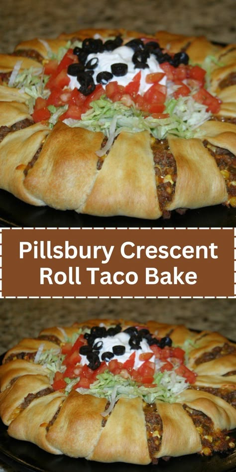 Transform your Taco Tuesday with this Crescent Roll Taco Bake, a creative twist that uses crescent roll dough as a crust, topped with taco-seasoned beef, cheese, and your favorite taco fixings. It's a fun, family-friendly dish that combines the comfort of a casserole with the flavors of a taco. #TacoBake #CrescentRolls #FamilyDinner Crescent Roll Taco Pie, Crescent Roll Taco, Pillsbury Crescent Recipes, Crescent Roll Taco Bake, Easy Crescent Roll Recipes, Pillsbury Crescent Roll Recipes, Crescent Roll Recipes Dinner, Easy Crescent Rolls, Baked Tacos Recipe