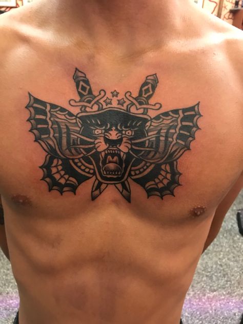 Traditional Chest Tattoo Design, Old School Chest Tattoo Men, Traditional Chest Tattoo, Traditional Chest, David Tattoo, Chest Tattoo Men, Chest Piece, American Traditional, Chest Tattoo