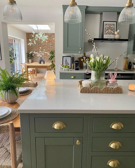 Green Country Kitchen, Card Room Green, Farrow And Ball Kitchen, Card Room, Open Plan Kitchen Dining Living, Open Plan Kitchen Dining, Room Green, Green Kitchen Cabinets, Farrow And Ball