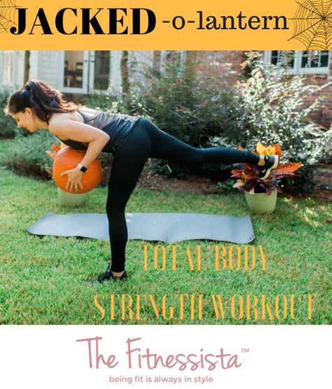 Jacked-o-lantern total body strength workout using a pumpkin! fitnessista.com Halloween Themed Workouts, Halloween Workout Ideas, Halloween Workouts, Pumpkin Workout, Total Body Strength Workout, Workout Routine At Home, Bootcamp Ideas, Halloween Workout, Total Body Workout Routine