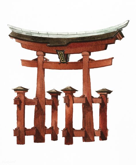 Japanese Torii gate painted by watercolor | premium image by rawpixel.com Japanese Temple Art, Japanese Architecture Drawings, Japanese Torii Gate, Asian Temple, Japanese Torii, Japan Watercolor, Bridge Drawing, Japan Temple, Architecture Icons