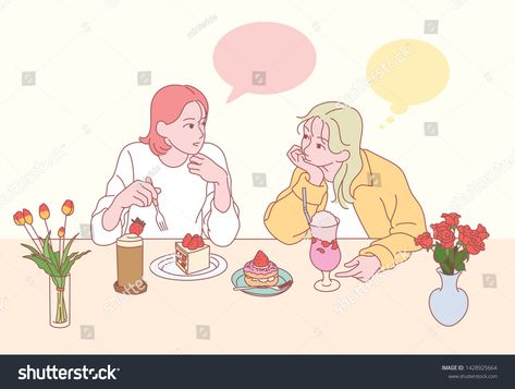 Two women are talking to each other at the table with the vase, drinking a sweet piece of cake and a drink. hand drawn style vector design illustrations. #Ad , #affiliate, #drinking#sweet#piece#vase Characters Talking To Each Other Drawing, Talking To Each Other Drawing, Card Design Handmade, Women Talk, Design Illustrations, Piece Of Cake, At The Table, Piece Of Cakes, A Drink