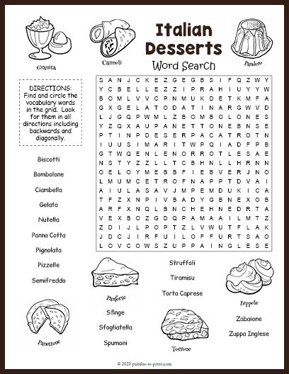 Free Printable Italian Desserts Word Search Nyt Crossword, Fill In Puzzles, Word Search Puzzles Printables, Dessert Wine, Word Search Printables, Homeschool Social Studies, World Thinking Day, Italian Dessert, Growth Mindset Quotes