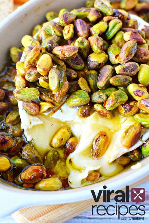 TikTok Baked Brie with Honey & Pistachios - SO GOOD! | Salty Side Dish Brie Toppings, Baked Brie With Honey, Brie With Honey, Honey Brie, Baked Brie Cheese, Salty Side Dish, Brie Appetizer, Enchilada Ingredients, Fruit Dips Recipes