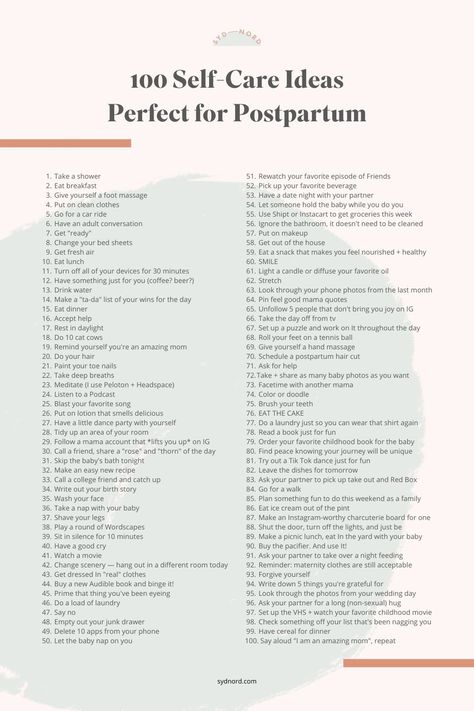 There's a lot to do for your baby in postpartum, but don't forget about yourself, mama! You need to take care of you, so you can take care of your baby. I've gathered 100 easy, doable ideas for self care in postpartum. Read up and pick out a few self care ideas that fit your fancy for postpartum. And remember YOU are worth it. First Time Mom Self Care, Things To Do Postpartum, Korean Postpartum Care, New Mom Self Care Routine, Postpartum Daily Routine, Postpartum Self Care Ideas, Holistic Postpartum Care, Mama Self Care, Postpartum Body Care