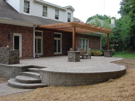 Interlock Around Pool, Concrete Patio On Sloped Yard, Sloped Backyard Patio, Raised Concrete Patio Ideas, Raised Paver Patio, Tiered Patio, Pavers Design, Raised Patio, Patio Pavers Design