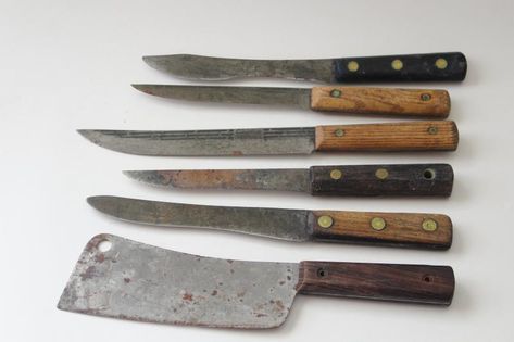 antique vintage carbon steel kitchen kitchen knives, butcher knife lot Historical Kitchen, Butcher Knives, Knife Aesthetic, Butcher Knife, Kitchen Knife, Steel Kitchen, Close Up Photos, Kitchen Knives, Antique Vintage