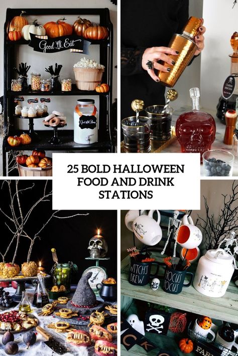 25 Bold Halloween Food And Drink Stations Halloween Drink Bar Ideas, Halloween Party Food Table Display, Halloween Drink Station Ideas, Halloween Drink Display, Halloween Food Display Ideas, Halloween Candy Station, Halloween Food Bar Ideas, Halloween Party Food Table Set Up, Halloween Bar Setup