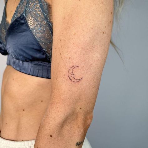 Lil Moon Tattoo, Girly Moon Tattoos, Moon Tattoo Inner Arm, Moon Beam Tattoo, Crescent Moon Tattoo With Face, Moon Related Tattoos, Stay Wild Moon Child Tattoo, Small Moon Tattoo Designs, Aesthetic Moon Tattoo