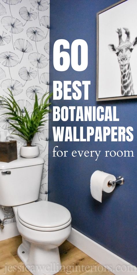 Bathroom Botanical Wallpaper, Wallpaper Trends 2023 Powder Room, Powder Room Wallpaper Half Wall, Peal And Stick Wallpaper Bathroom, Which Wall To Wallpaper In Bathroom, Peel And Stick Wallpaper For Powder Room, Half Bath Inspiration Wallpaper, Bathroom With Floral Wallpaper, Peel And Stick Wallpaper For Small Bathroom