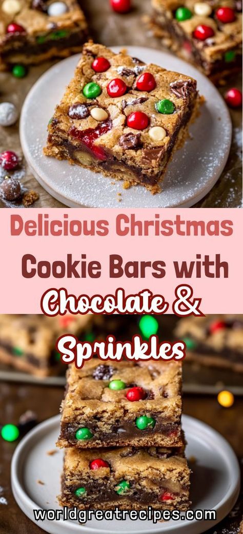 Make your holiday baking extra special with these festive Christmas cookie bars! A delightful combination of chocolate chips, colorful sprinkles, and a rich cookie base, these bars are the perfect addition to your Christmas celebrations. They’re easy to slice, share, and enjoy – making them ideal for parties or gift-giving. Treat yourself and your loved ones to the magic of the season with these delicious Christmas cookie bars. Christmas Chocolate Chip Cookie Bars, Easy Christmas Bar Cookies, Christmas Brookies, Christmas Blondies, Bakes Goods, Holiday Dessert Drinks, Christmas Chocolate Chip Cookies, Chocolate Cookie Bars, Christmas Cookie Bars