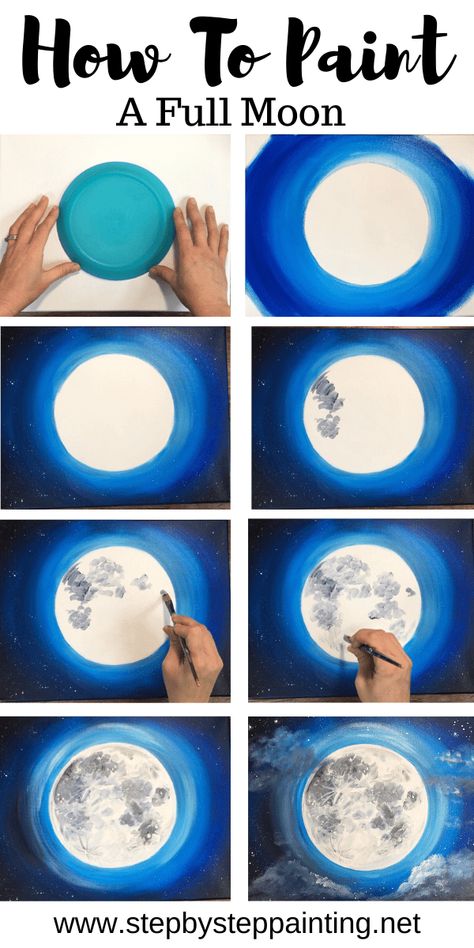 Moon Painting - Step By Step Acrylic Painting Tutorial - With Pictures Learn how to paint a moon step by step. This moon canvas painting tutorial will guide you through each step with pictures and video. #stepbysteppainting #traciekiernan Painting The Moon, Step By Step Acrylic Painting, Simple Canvas Paintings, Canvas Painting Tutorials, Moon Painting, Canvas Painting Diy, Acrylic Painting Tutorials, Simple Acrylic Paintings, Step By Step Painting