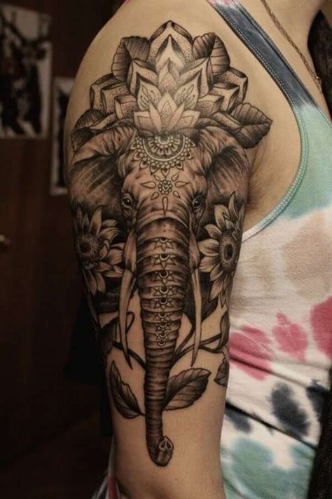 Elephant Sleeve Tattoo, Skull Candy Tattoo, Elephant Sleeve, Elephant Head Tattoo, Elephant Tattoo Meaning, Animals Tattoos, Blade Tattoo, Shoulder Blade Tattoo, African Tattoo